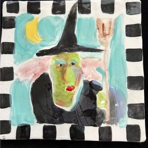 Handmade Ceramic Tile 6.5”x6” A Witch “  Original OOAK Halloween Theme
